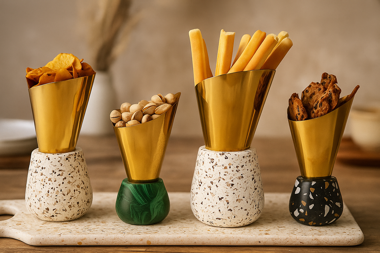 Four decorative containers with snacks on a marble surface